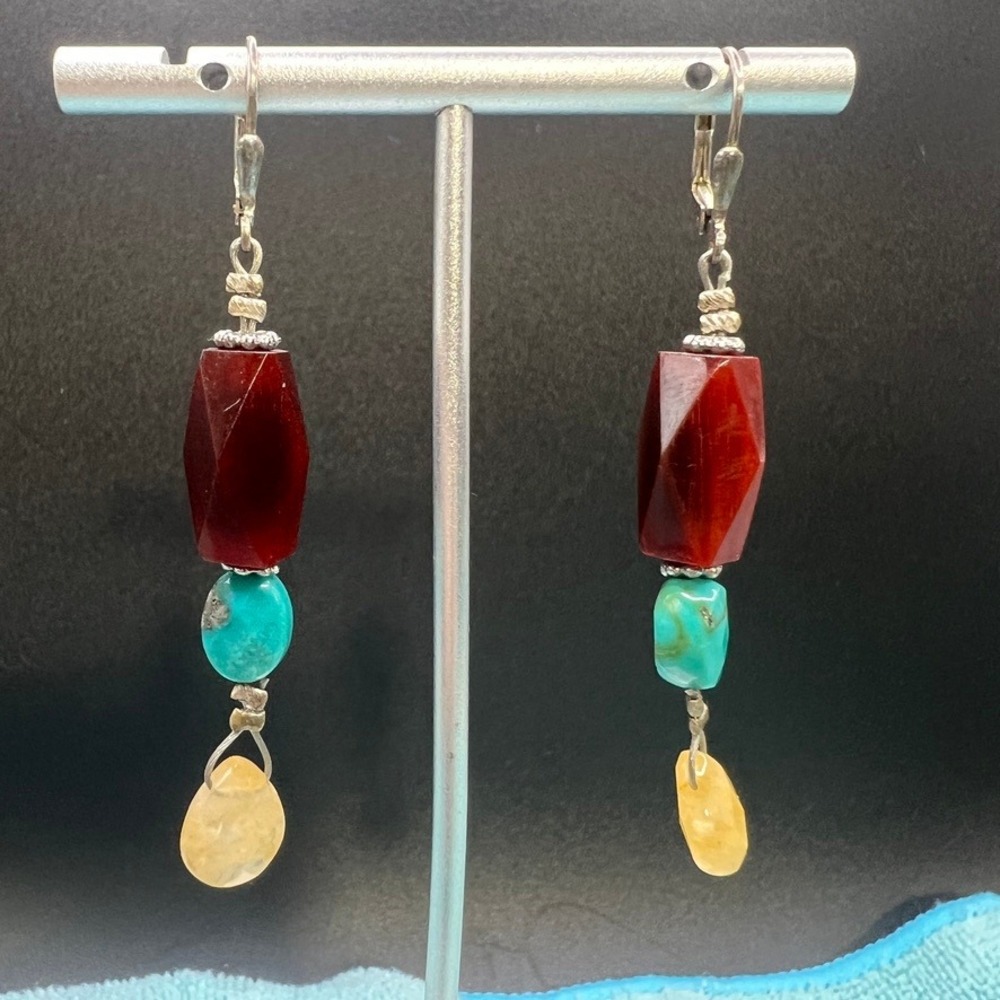 Vintage Sterling‎ Silver Earrings Faceted Stones Artisan Made Lever Back 2.5"